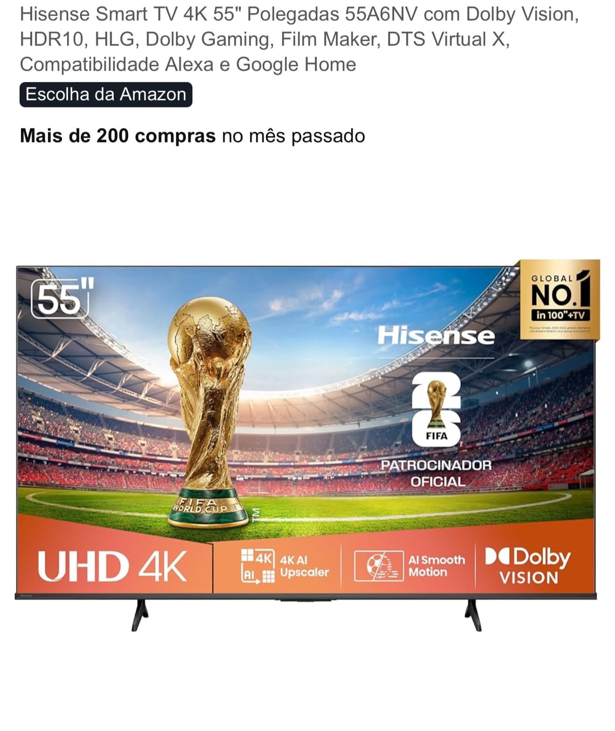 Hisense Smart TV 55" 4K 55A6NV – Eletrônicos