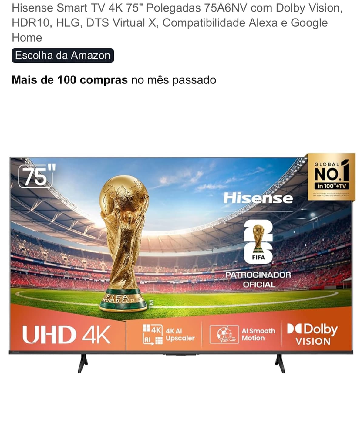 Hisense Smart TV 75" 4K 75A6NV – Eletrônicos
