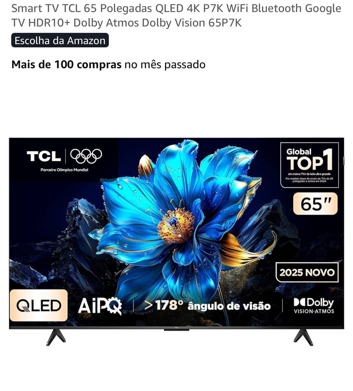 Smart TV TCL 65" QLED 4K P7K – Eletrônicos