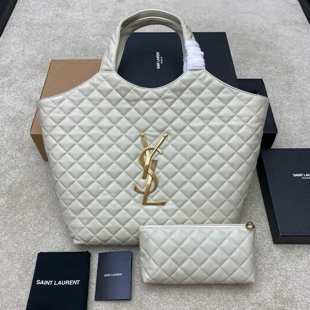 Saint Laurent Icare Maxi Tote Shopping Bag White Ferragens Douradas 58cm – Moda