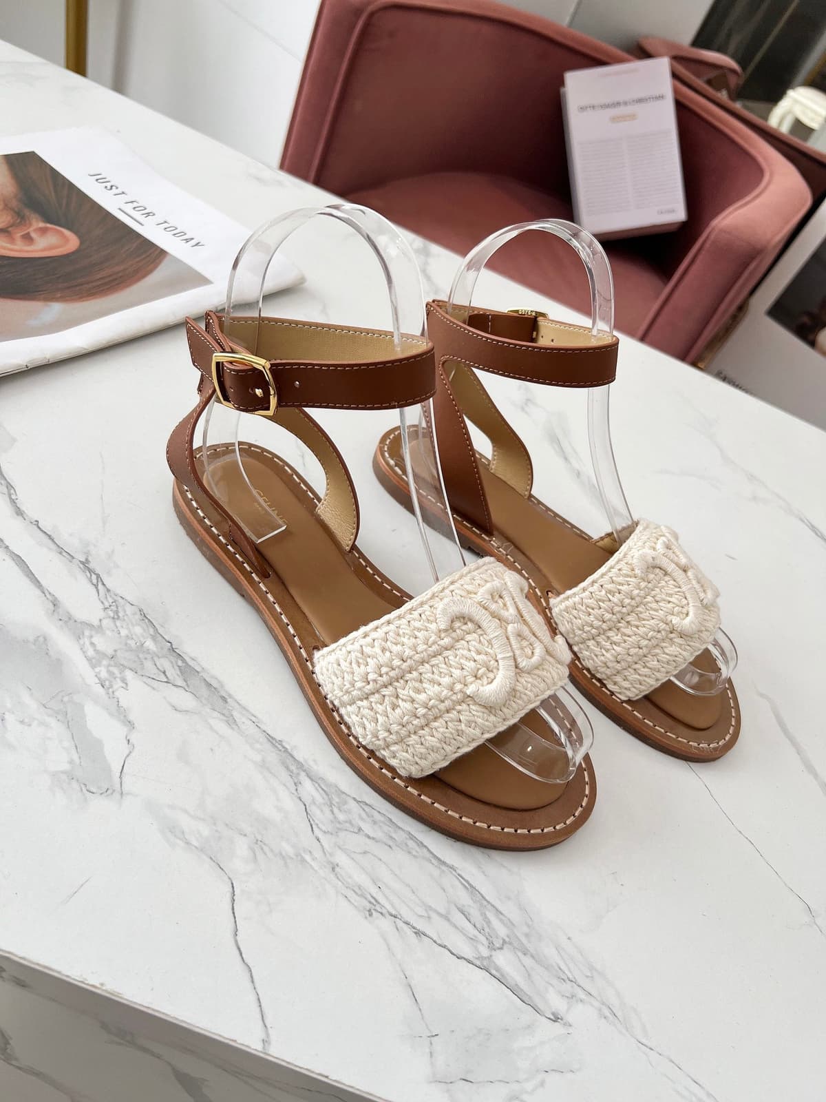 CELINE LYMPIA SANDAL in TRIOMPHE MACCRAMÉ COTTON & CALFSKIN – Moda