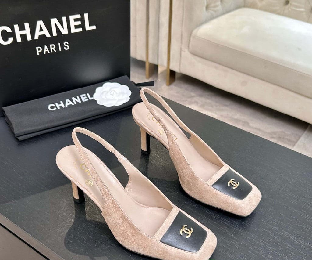 Chanel Slingback Heel Suede Beige Black Gold – Moda