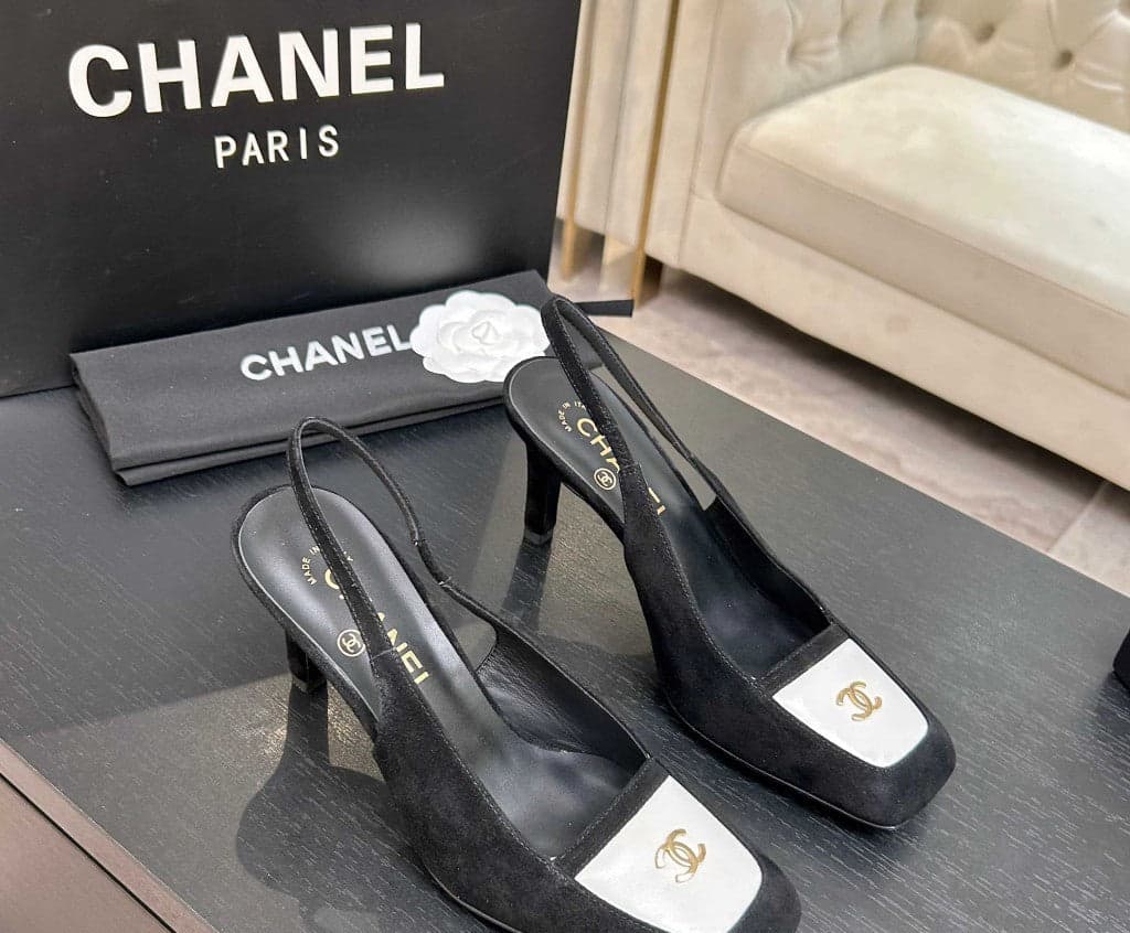 Chanel Slingback Heel Suede Black White Gold – Moda