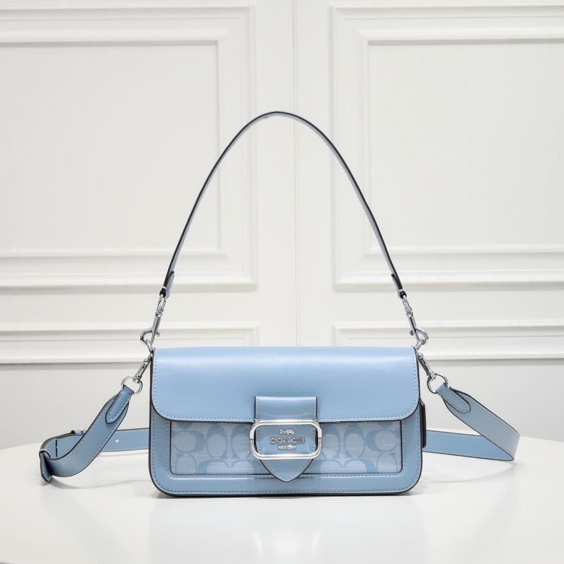 Coach Morgan Signature Shoulder Bag blue Ferragens Pratas – Moda