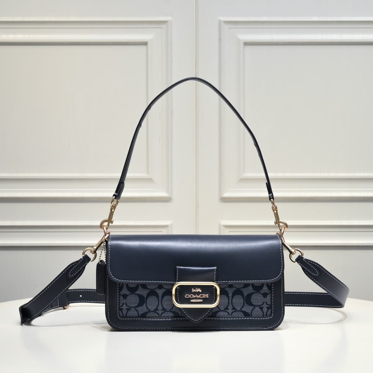 Coach Morgan Signature Shoulder Bag Azul Navy Ferragens Douradas – Moda