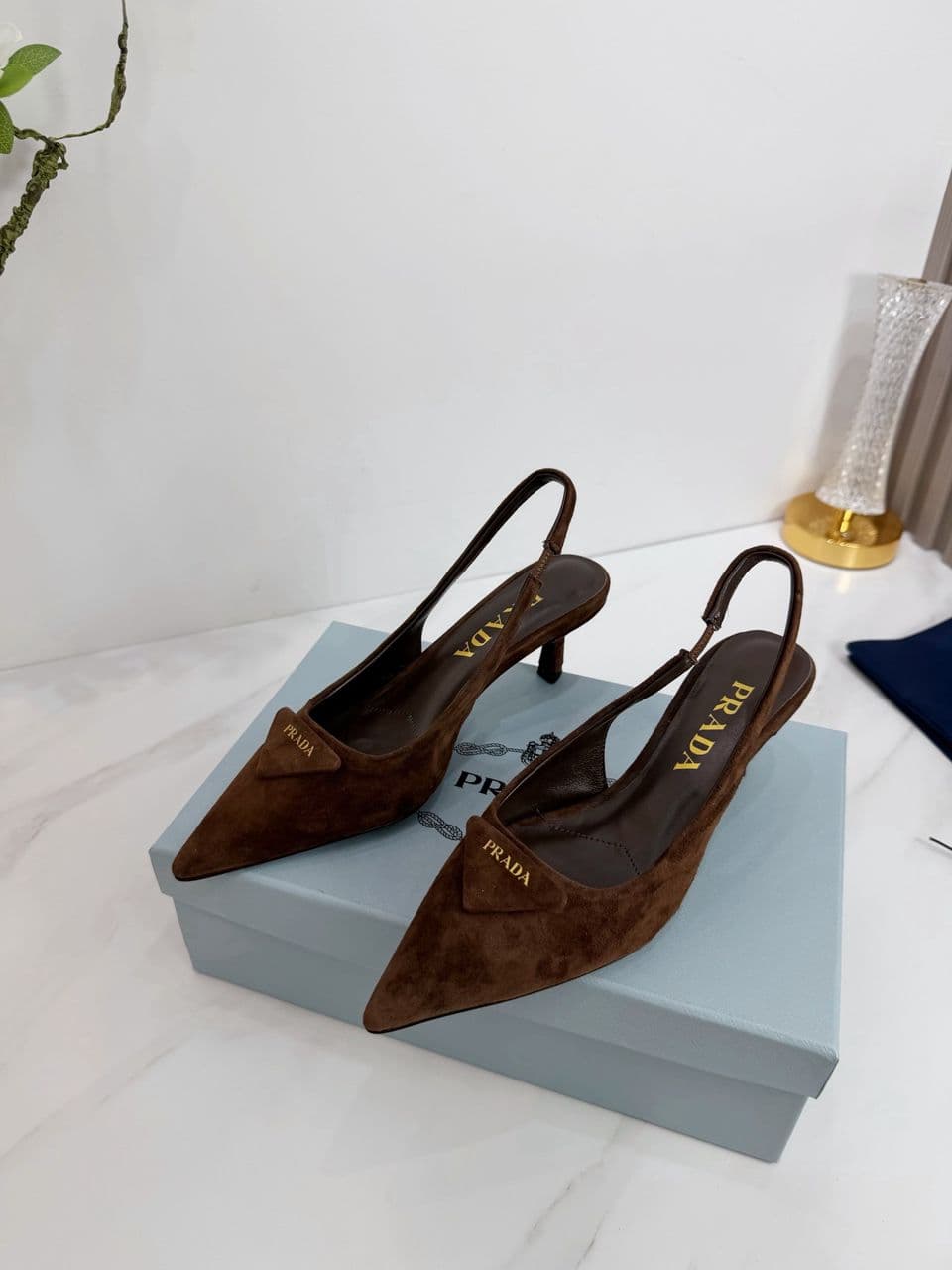 Prada dark brown suede slingback pump from – Moda