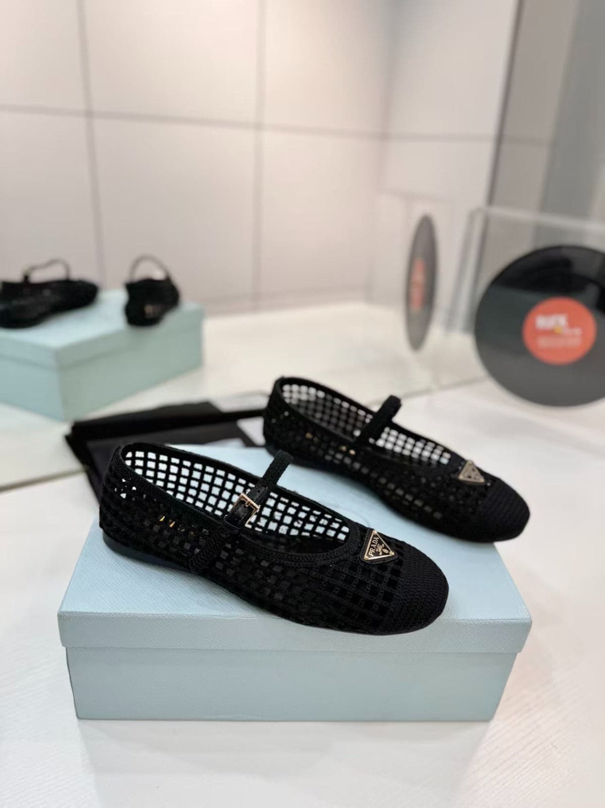Prada Crochet Mesh Mary Jane Flats Black . – Moda