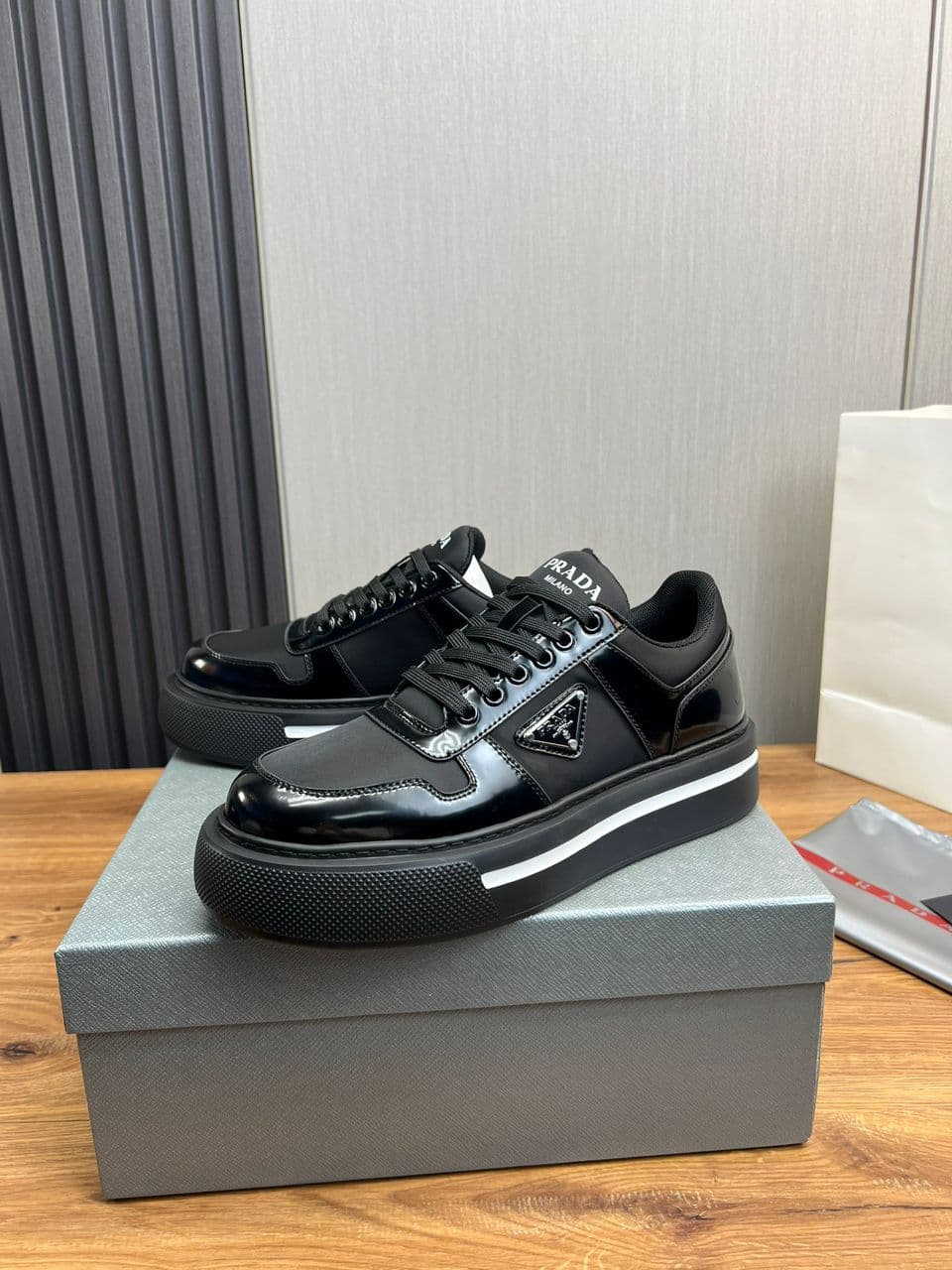 Prada Downtown Leather Sneakers Black – Moda
