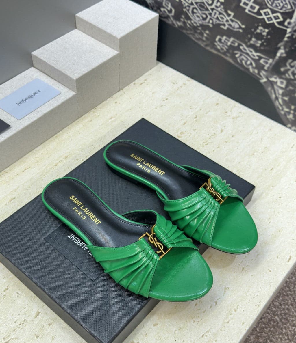 Saint Laurent Flat Slide Sandals Green Gold – Moda