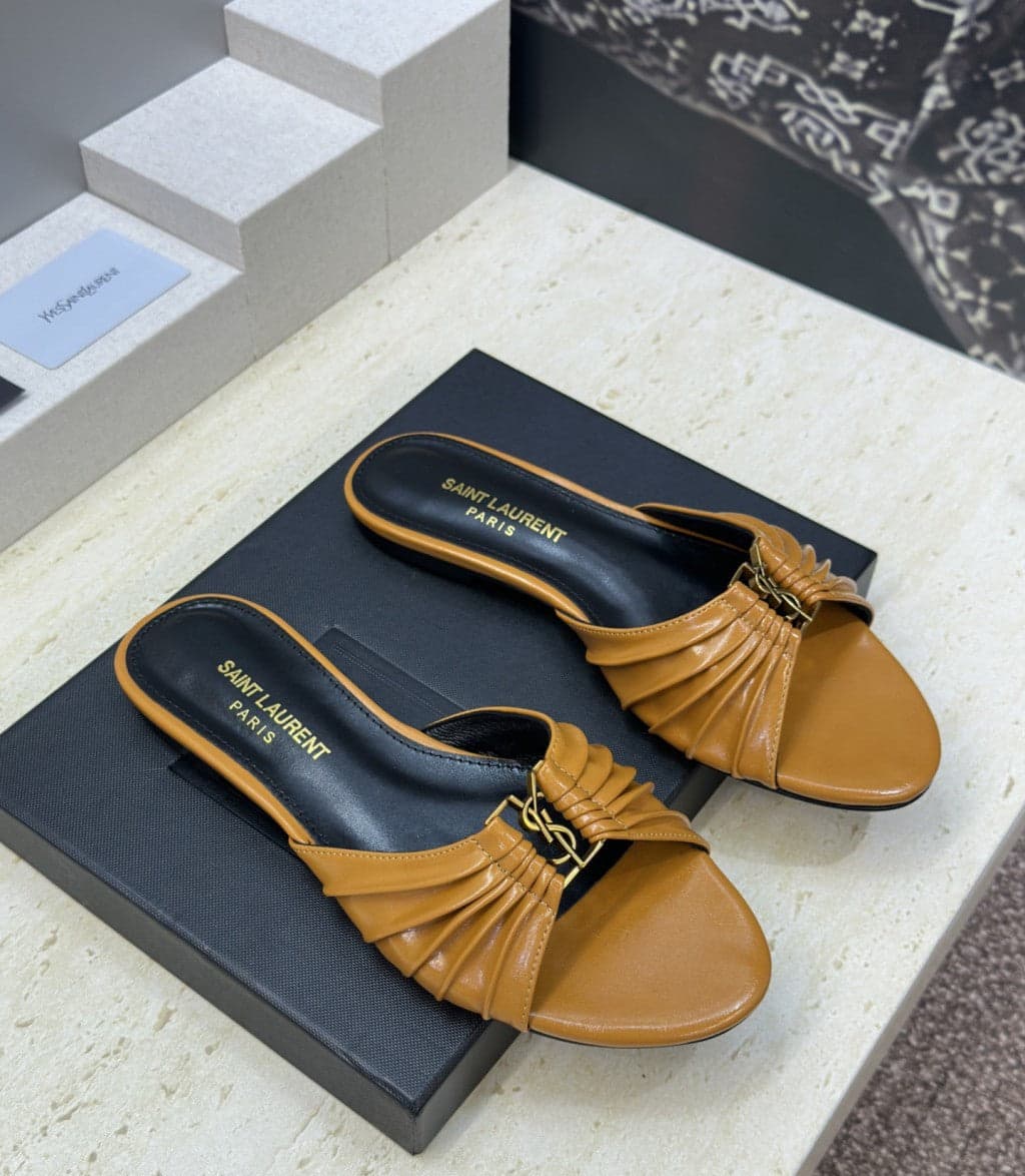 Saint Laurent  Flat Slide Sandals Camel Gold – Moda