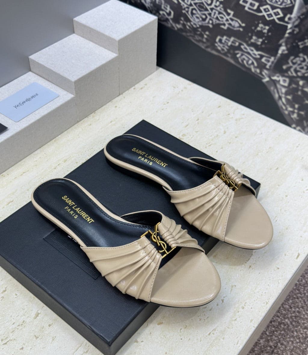 Saint Laurent Flat Slide Sandals Beige Gold – Moda