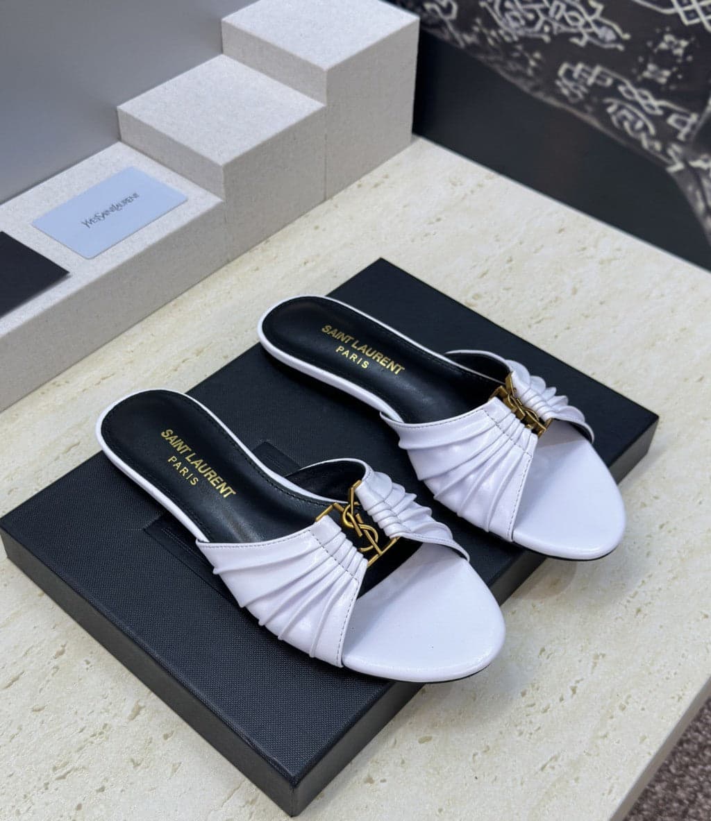 Saint Laurent Flat Slide Sandals White Gold – Moda