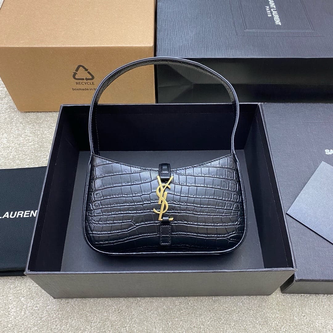 Saint Laurent Le 5 À 7 Croc Top Handle Bag Black Ferragens Douradas – Moda