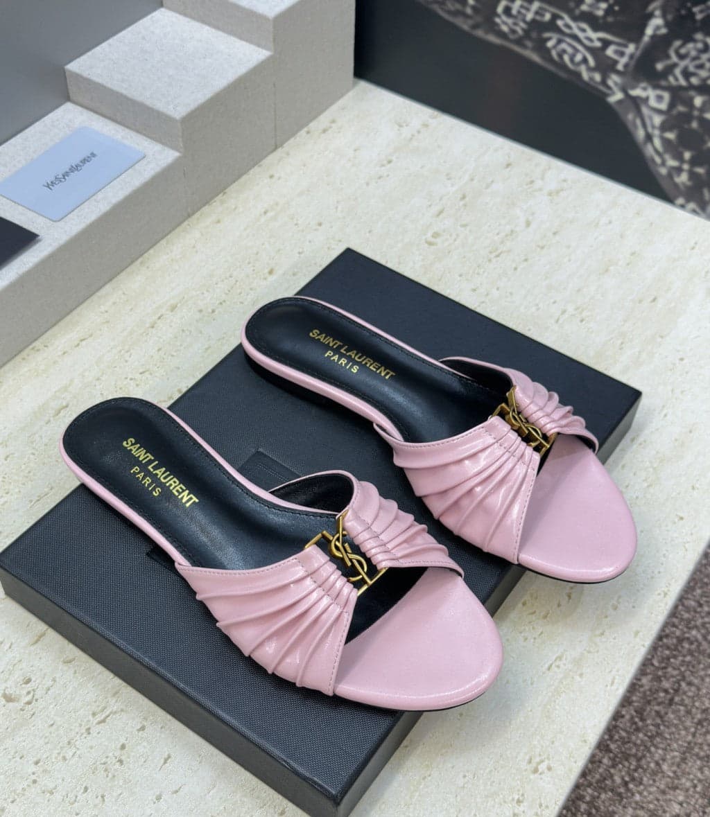 Saint Laurent Flat Slide Sandals Pink Gold – Moda