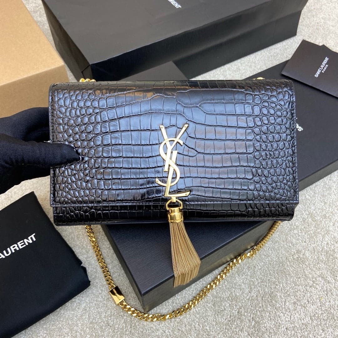 Saint Laurent Shoulder Bag Black Croc Ferragens Dourados – Moda