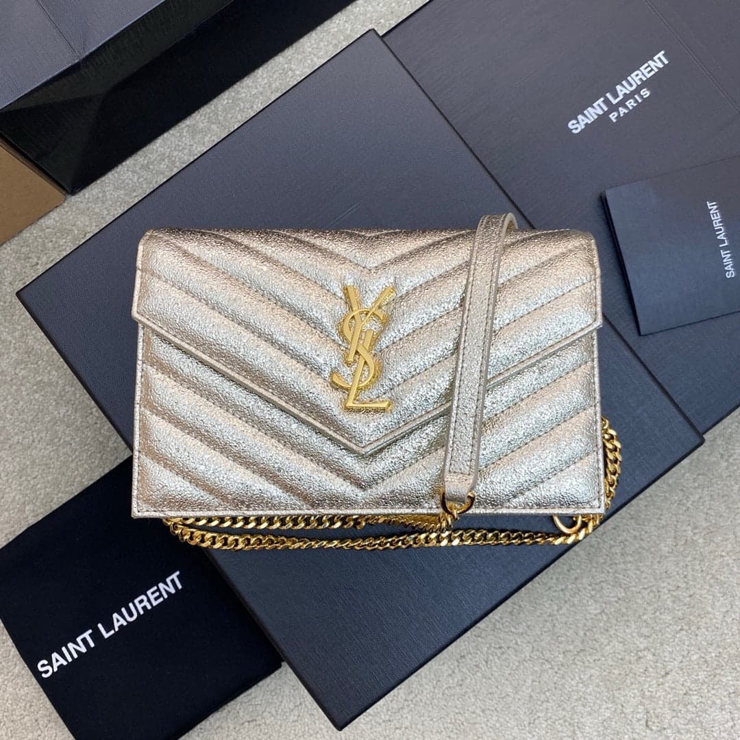 Saint Laurent Shoulder Bag Champagne Metalizado Ferragens Douradas – Moda