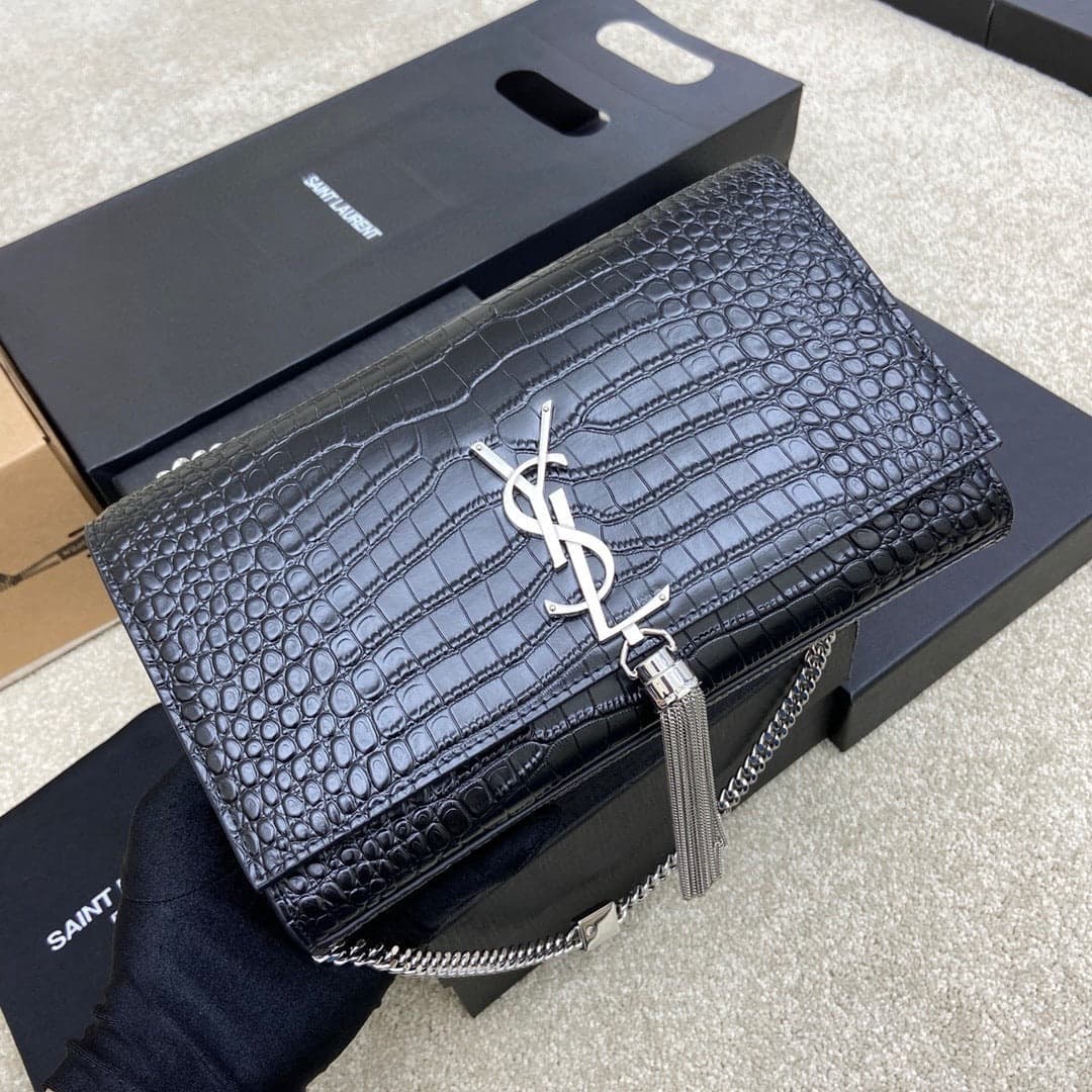 Saint Laurent Shoulder Bag Black Croc Ferragens Prata – Moda