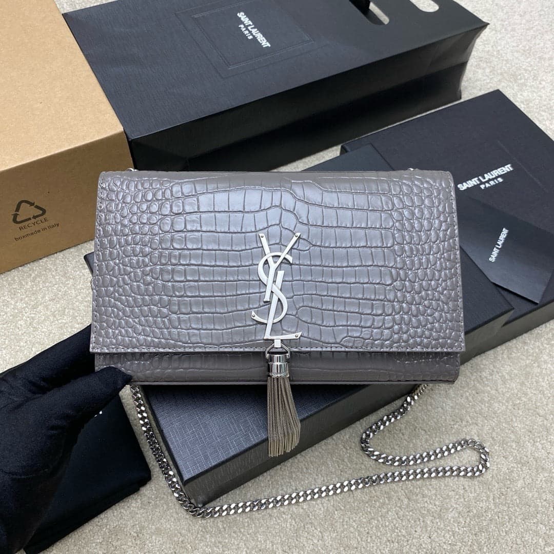 Saint Laurent Shoulder Bag Grafite Croc Ferragens Prata – Moda