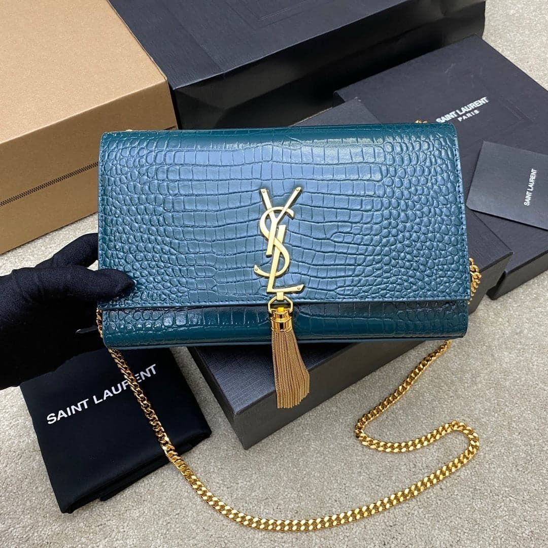 Saint Laurent Shoulder Bag Blue petróleo Croc Ferragens Douradas – Moda