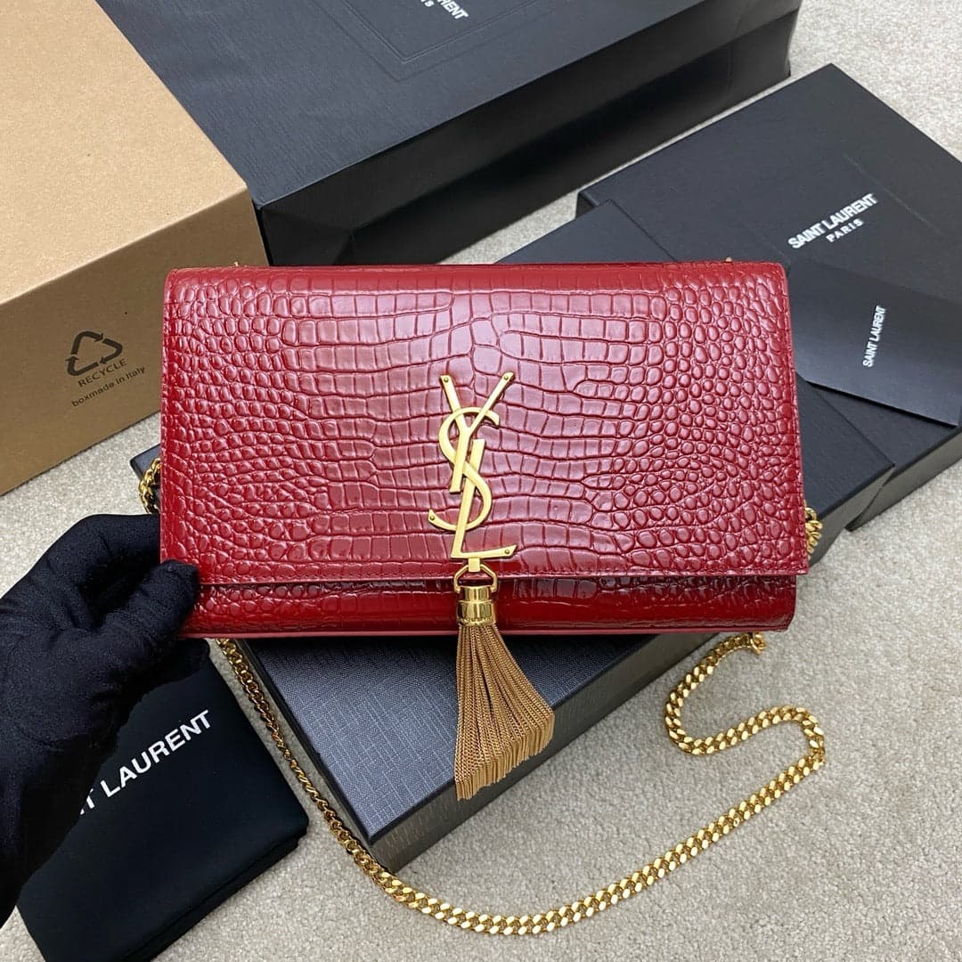 Saint Laurent Shoulder Bag Red Croc Ferragens Douradas – Moda