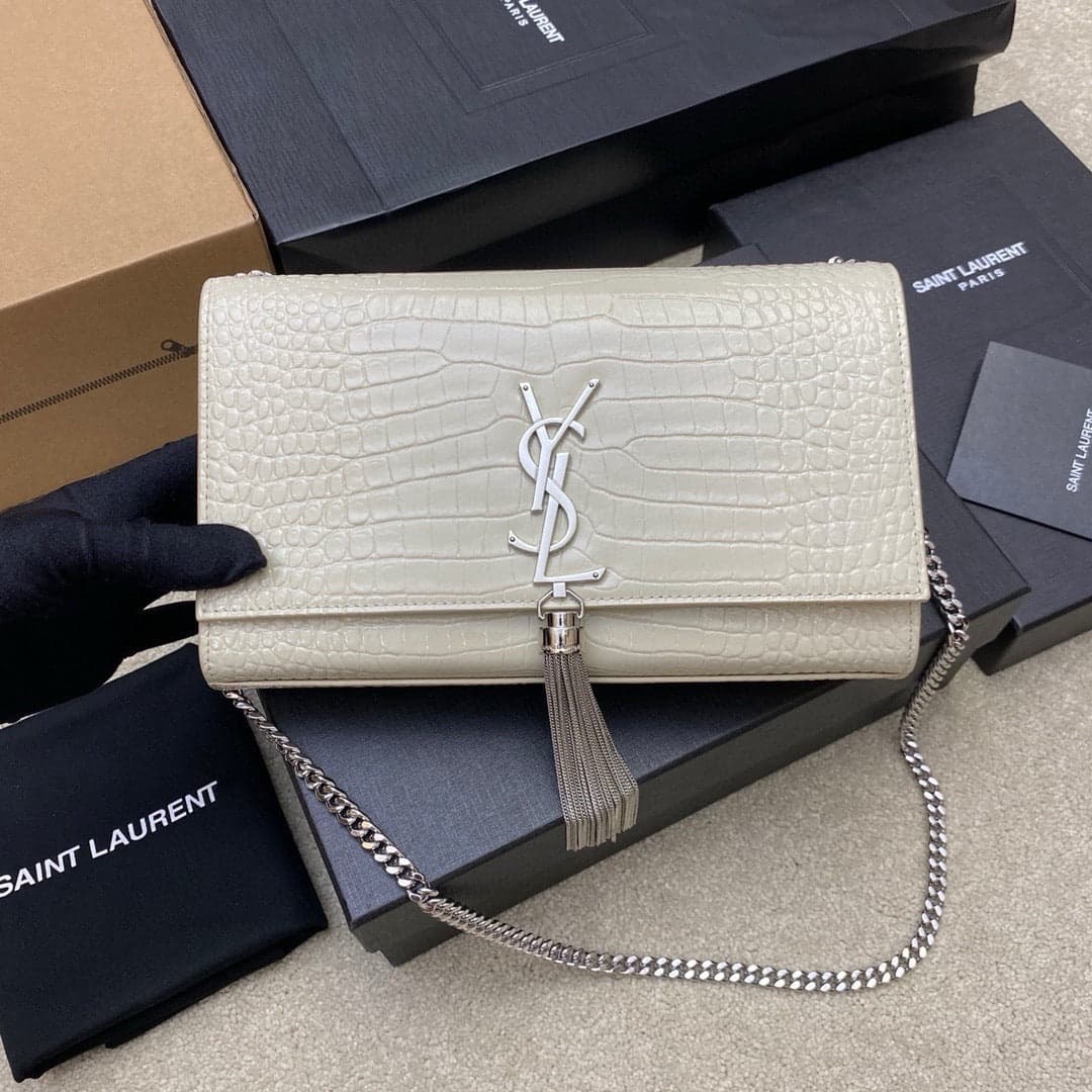 Saint Laurent Shoulder Bag Off-White Croc Ferragens Prata – Moda