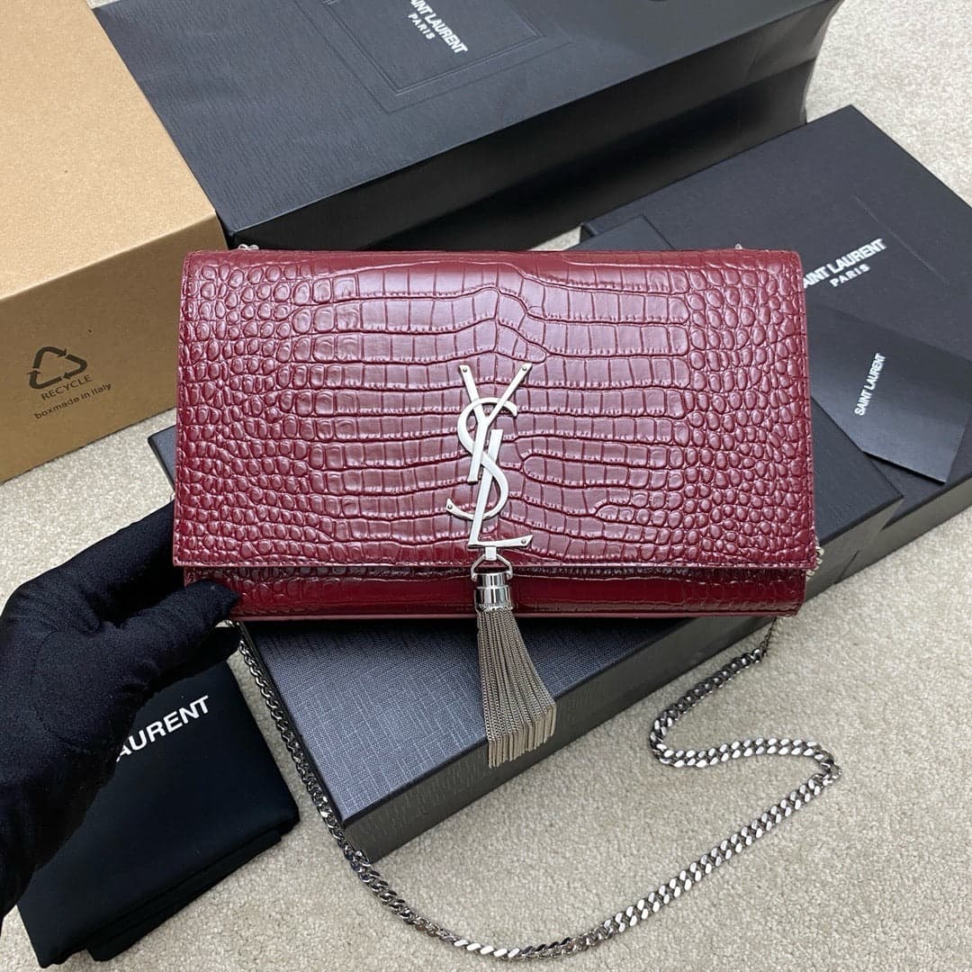 Saint Laurent Shoulder Bag Bordo Croc Ferragens Prata – Moda