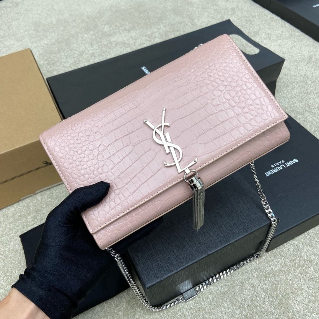 Saint Laurent Shoulder Bag Pink Blush Croc Ferragens Prata – Moda