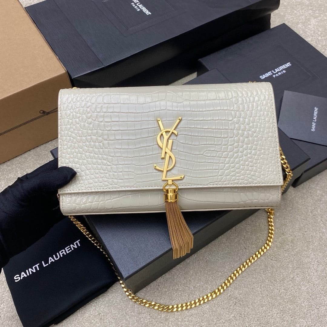 Saint Laurent Shoulder Bag Off-White Croc Ferragens Douradas – Moda