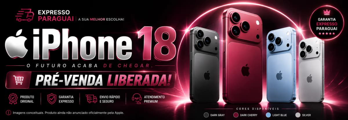 Pré-venda do iPhone 18 Pro Max 256GB no Expresso Paraguai por R$ 8.799 — lote único, retirada no Paraguai e envios para todo o Brasil a partir de 30/09. Imagens conceituais.