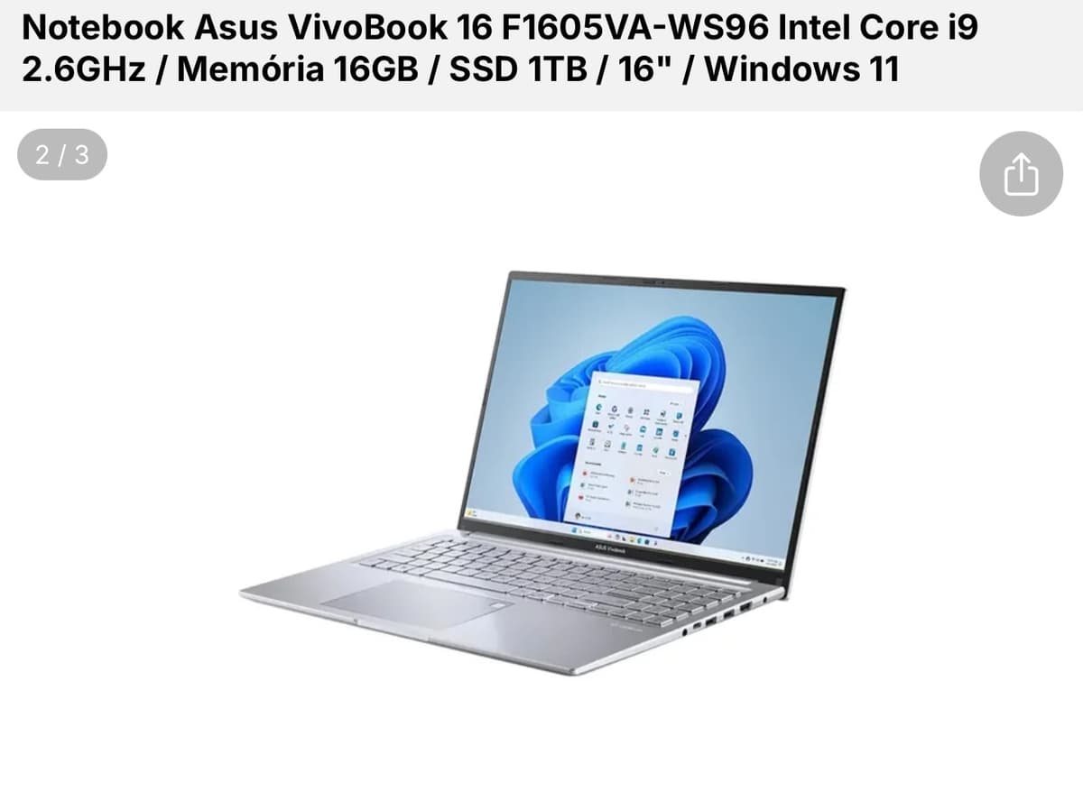 Notebook Asus VivoBook 16 F1605VA i9 16GB SSD 1TB