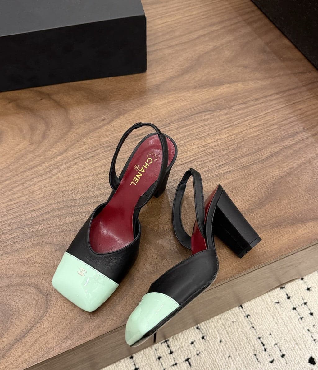 Chanel Slingback Block Heel Black Mint & Green Patent. Salto 9 cm.
