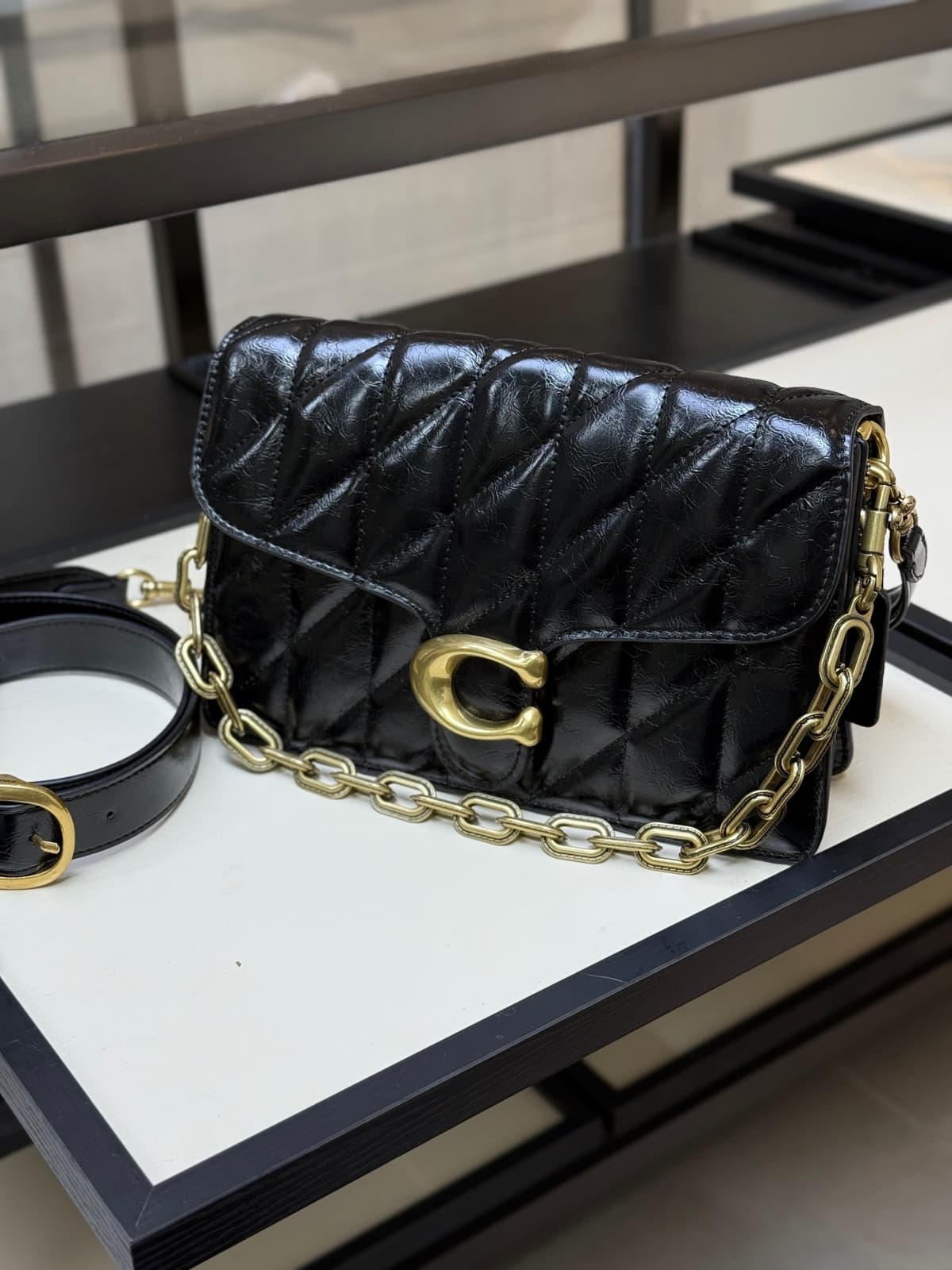 Coach Quilted Chain Tabby Preto Ferragens Douradas