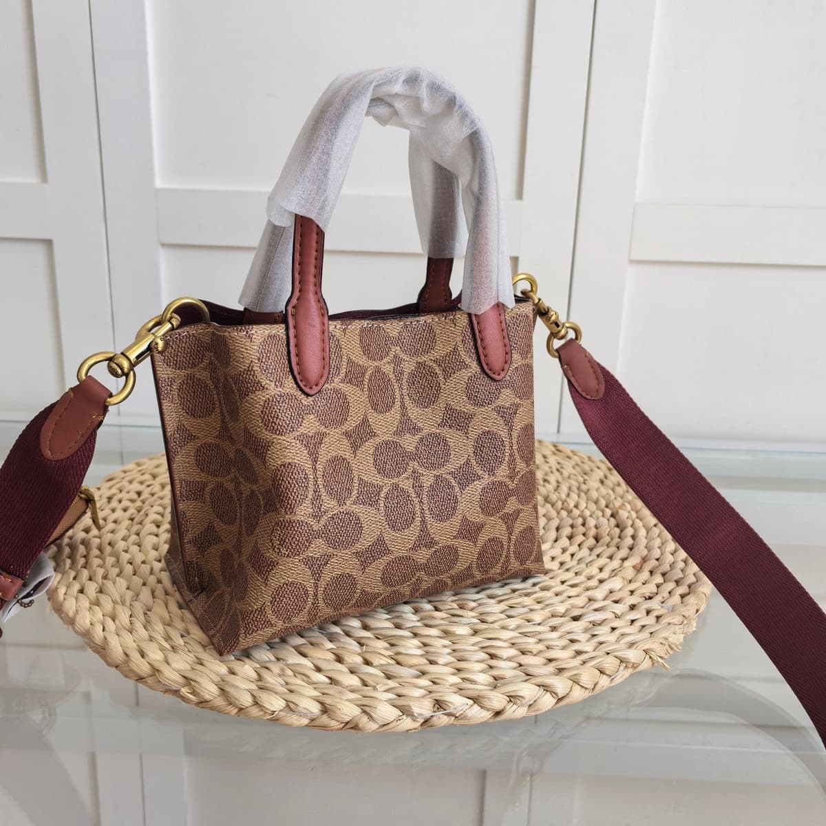 Coach Willow Tote 24 Pebble Khaki Signature Canvas Ferragens Douradas