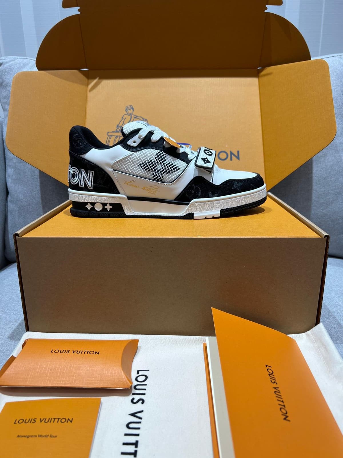 LV Trainer Low Velcro Strap Monogram Denim Black White