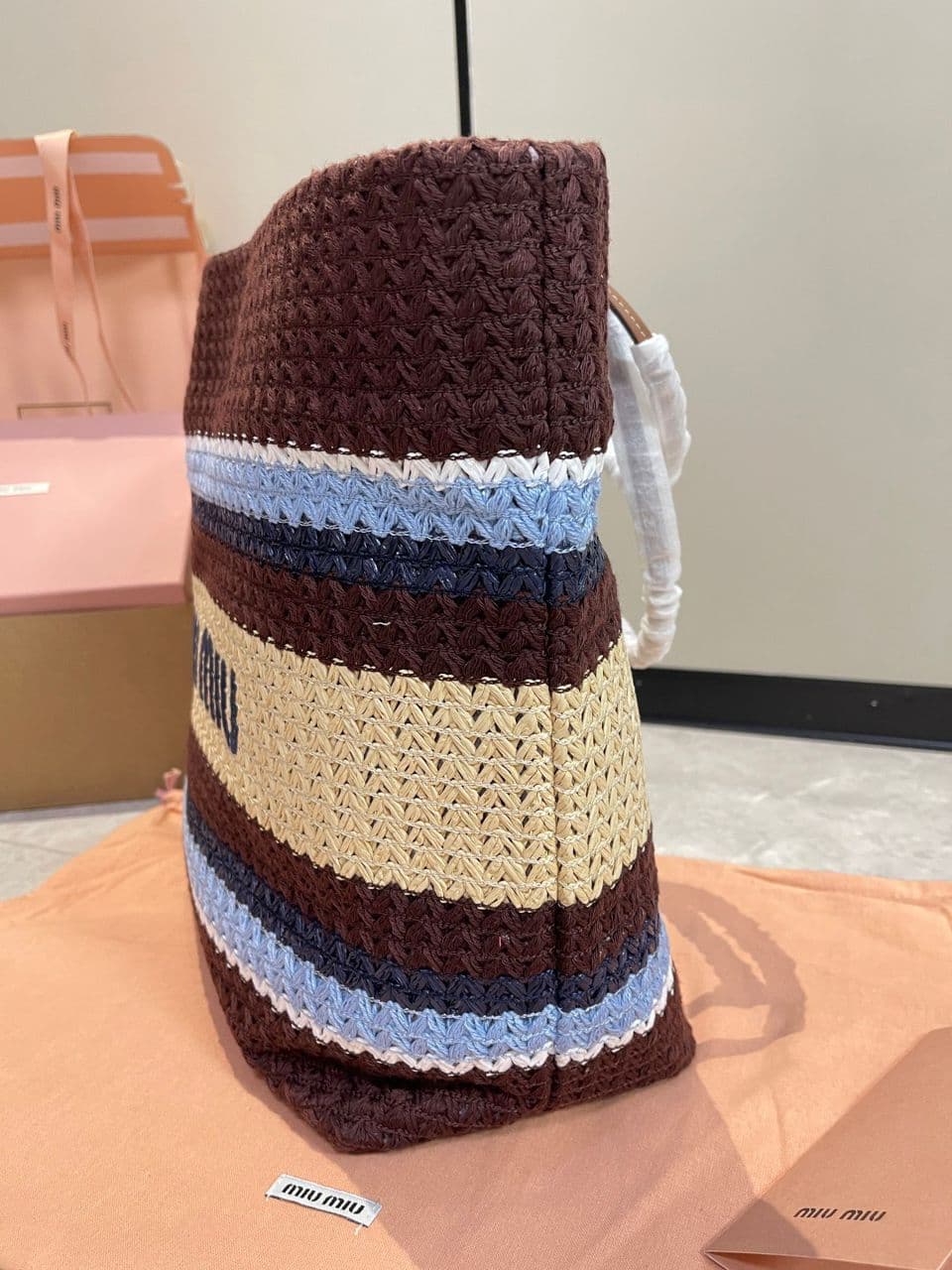 Miu Miu Raffia Crochet Stripe Tote Bag