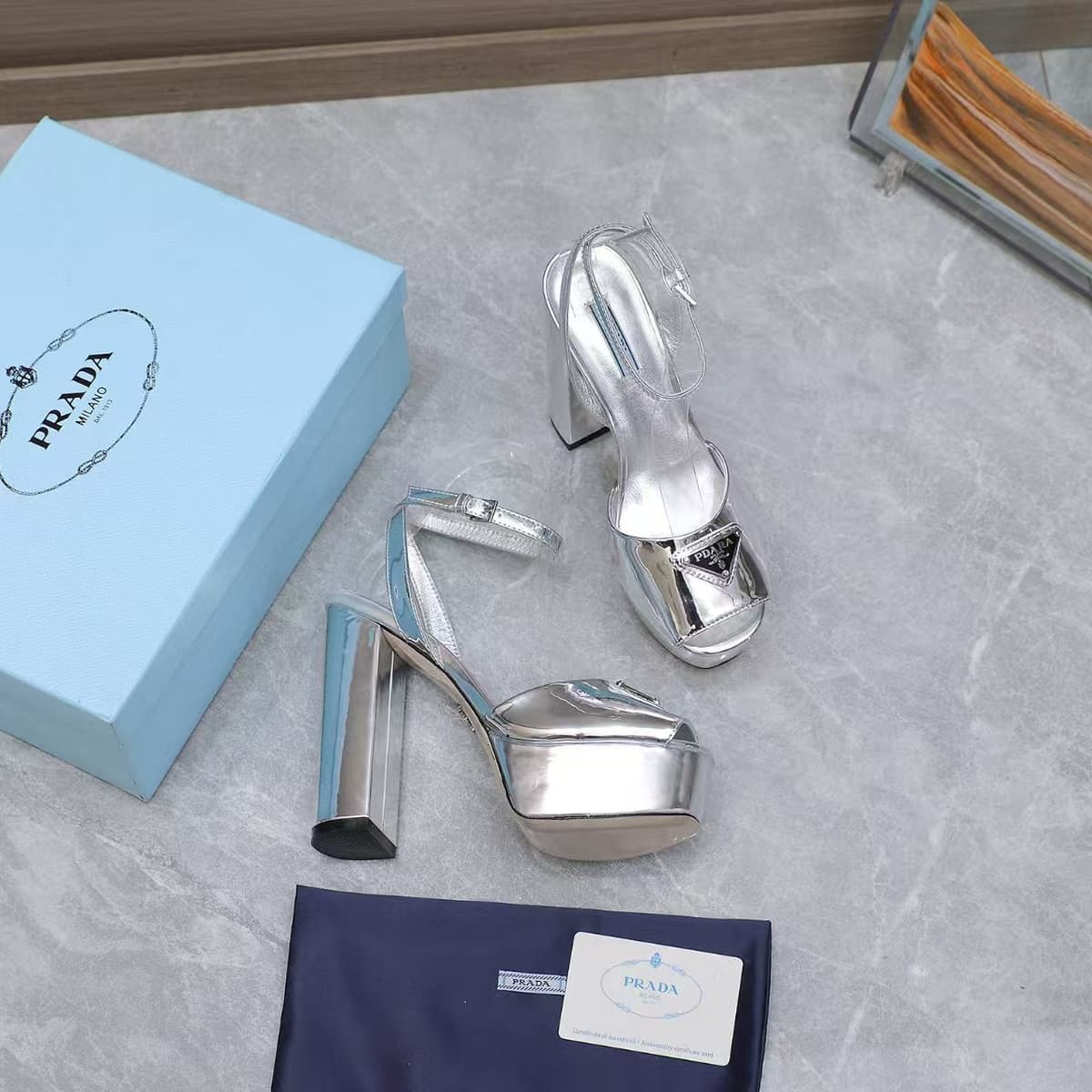 Prada Leather Sandal with Platform Silver