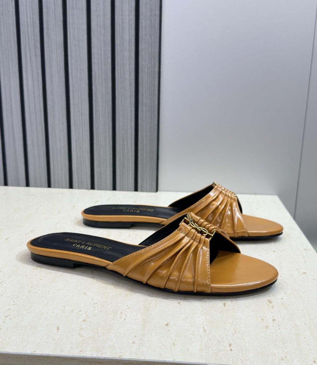 Saint Laurent Flat Slide Sandals Camel Gold