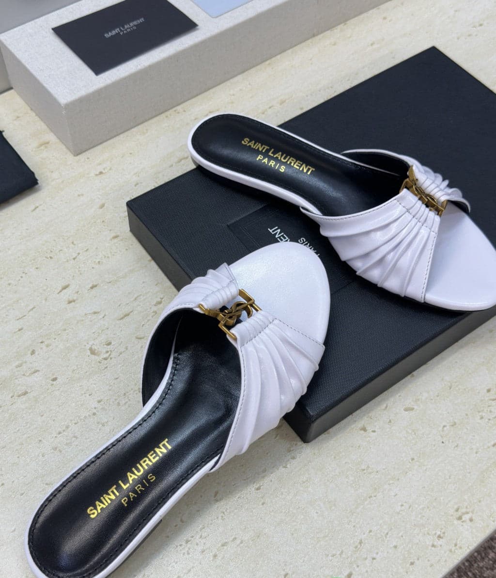 Saint Laurent Flat Slide Sandals White Gold