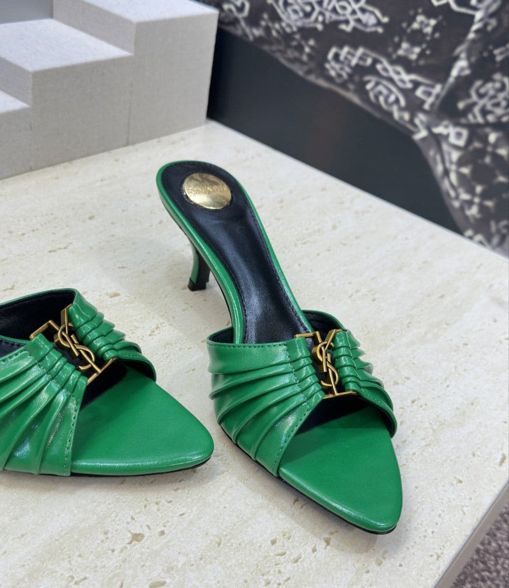 Saint Laurent Babylone Heeled Slide Sandals Green Gold
