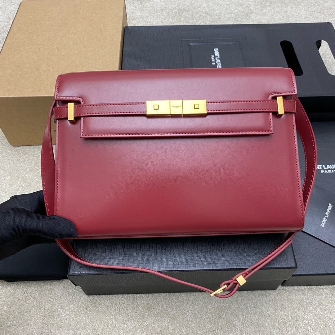 Saint Laurent Manhattan Small Shoulder Bag Red Ferragens Douradas