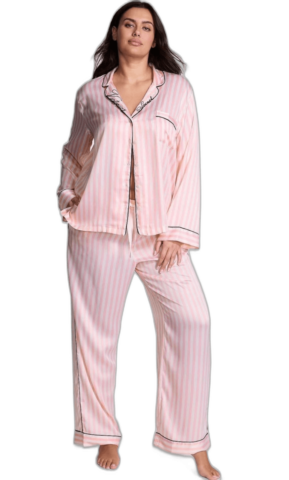 Pijama Victoria's Secret Cetim Manga Longa Listrado