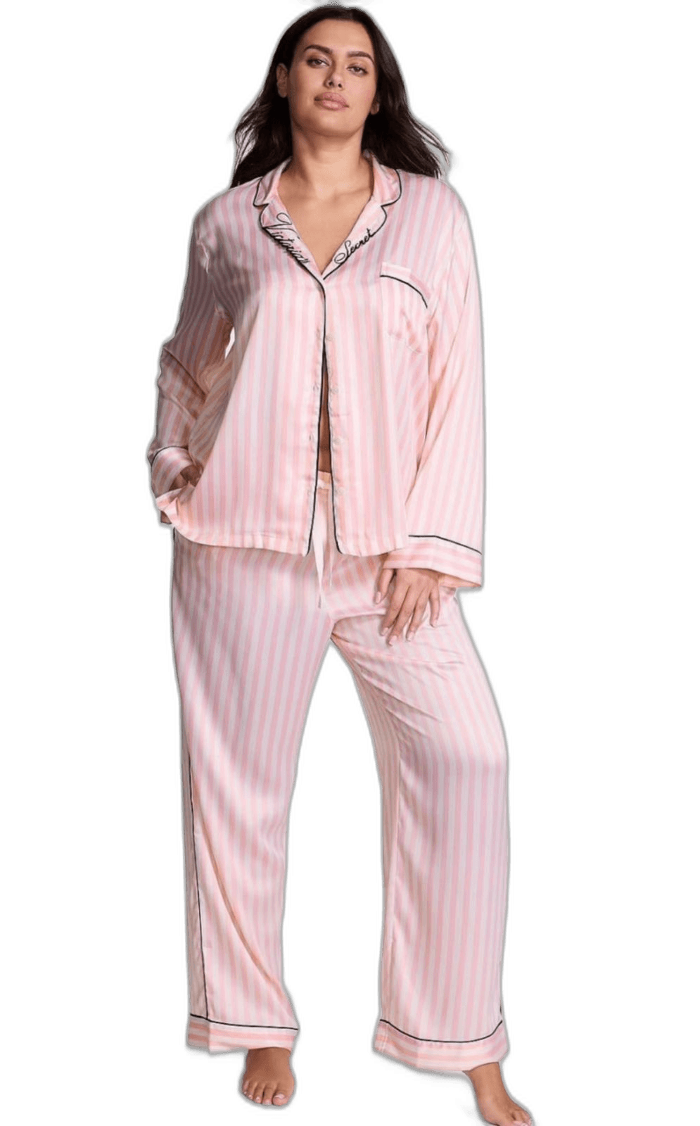 Pijama Victoria's Secret Cetim Manga Longa Listrado