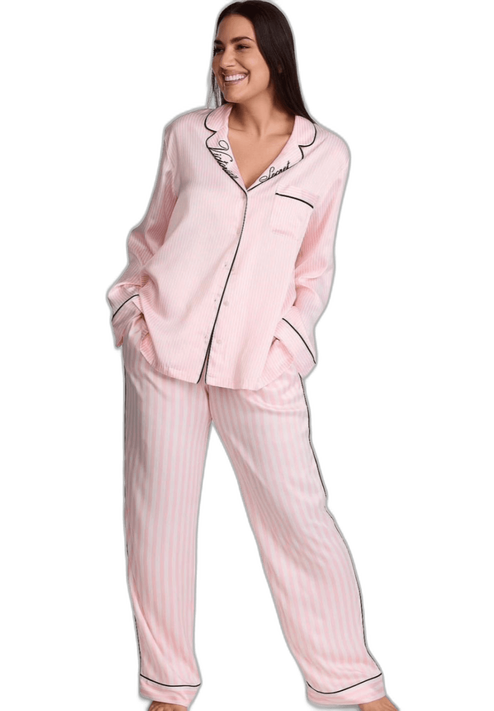 Pijama Victoria's Secret Signature Satin Longo Listrado Rosa – Moda